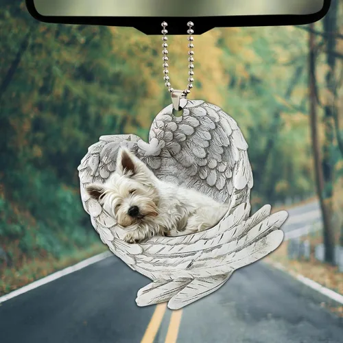 Vista 3 de Talataca West Highland Terrier Sleeping Angel Wing Memorial Dog 2D Flat Car Espejo Retrovisor Accesorios Árbol de Navidad Decoración Colgante