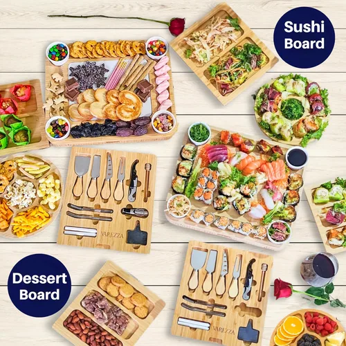 Vista 6 de Juego de tablas de charcutería – Tabla grande de queso de bambú y plato con accesorios de charcutería, regalos de inauguración de la casa