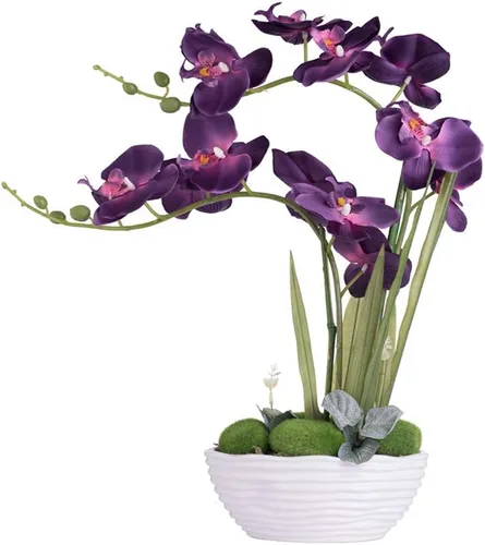Planta de orquídea artificial grande en maceta, arreglo floral de seda con jarrón de cerámica, morado oscuro