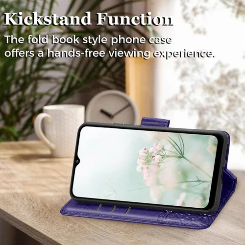 Vista 3 de Funda para teléfono Galaxy A03S, diseño de mariposa en relieve de piel sintética, con ranuras para tarjetas, con correa para muñeca, color morado