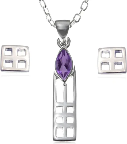 Alexander Castle Juego de joyas para mujer de plata de ley 925 Charles Rennie Mackintosh Amatista collar y aretes con caja de regalo de joyería,