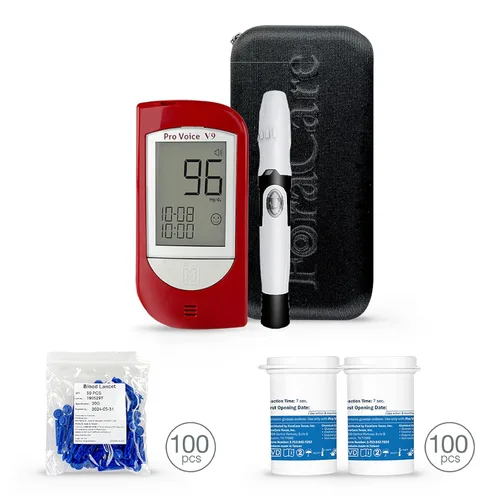 Vista 2 de FORA Pro Voice V9 Kit de prueba de diabetes para monitorear de forma precisa y fácil tu glucosa en sangre con glucómetro parlante, 3.3 ft, 100 tiras
