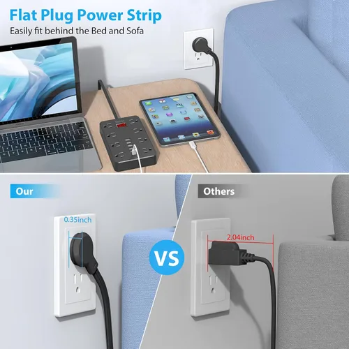 Vista 2 de Regleta de alimentación con USB, protector de sobretensiones SMNICE enchufe plano con 8 tomas de corriente ampliamente espaciadas y 6 puertos USB