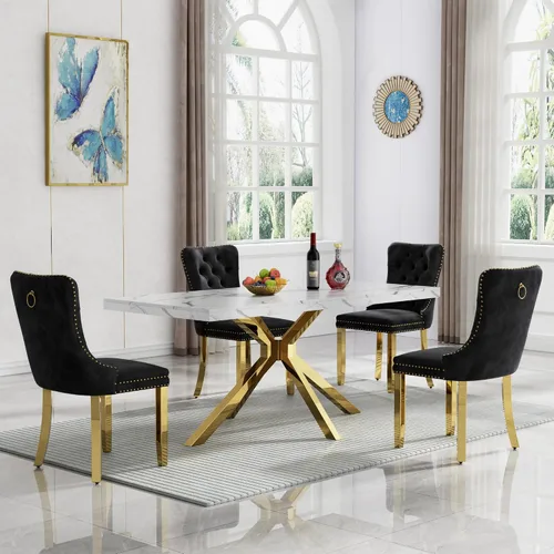 Vista 84 de HomVent Juego de mesa de comedor de mármol sintético de 68 pulgadas con 4 Mesa negra con 4 sillas beige