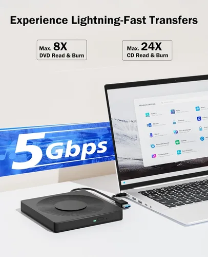 Vista 3 de 5 en 1 Reproductor de DVD externo para portátil con LightScribe Grabador de DVD CD Rom Unidad externa de CD/DVD para PC USB 3.0 Unidad de DVD