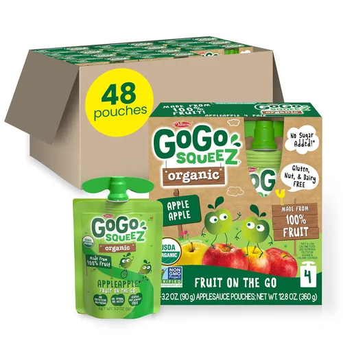 GoGo squeeZ Puré de manzana orgánico y puré de fruta sin azúcar añadido, manzana manzana, bolsas de 3.2 onzas (paquete de 48), aperitivos de frutas