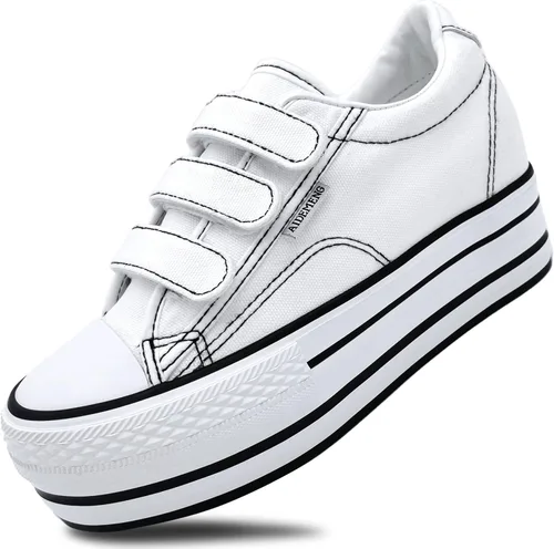 Womens Platform Shoes Hidden Wedge 3 Inches Height Increase, Hook and Loop Walking Shoe, Strap Canvas Sneakers High Heel White Black Fashion