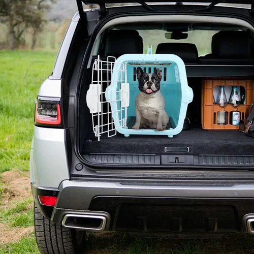 Vista 7 de Perrera de plástico duro para perros y gatos, transportador de mascotas de dos puertas, puerta de alambre de plástico, carga superior o frontal