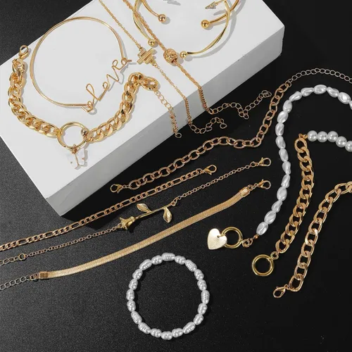 Vista 8 de IFKM 6 PACK (24 PCS) Boho Gold Chain Bracelets Set for Women Girls, 14K Gold Plated Multiple Layered Stackable Open Cuff Wrap Bangle Adjustable Link