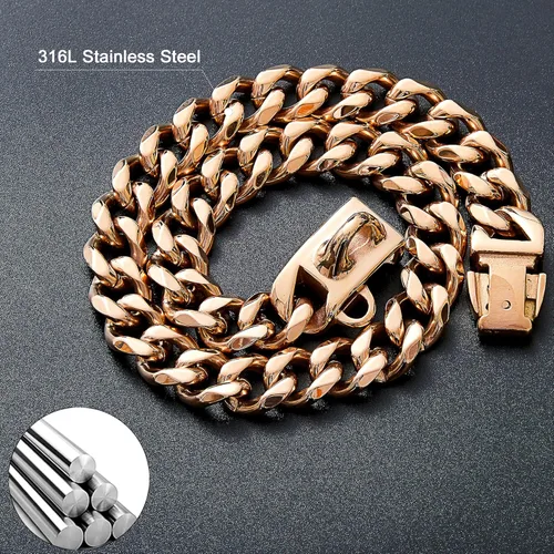 Vista 4 de Collar de perro con cadena de oro rosa de 0.394 pulgadas, collar de perro de eslabones cubanos de oro de 18 quilates con hebilla de presión segura