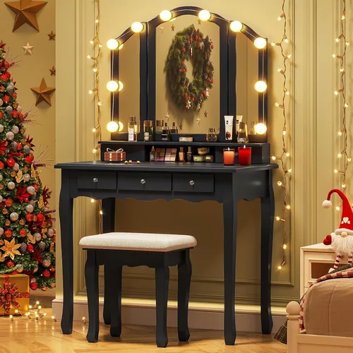 Vista 10 de Tiptiper Juego de mesa de tocador con espejo plegable triple iluminado, tocador de maquillaje con luces y 3 modos de iluminación