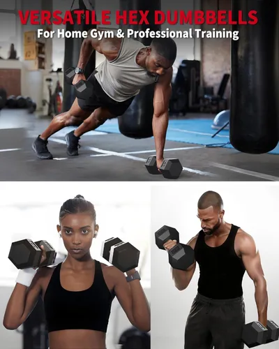 Vista 6 de Garvee 5-50 LB Hex Dumbbell Set of 2, Hand Weights Dumbbells Pair with Cast Iron Core, Rubber Encased Coating and Textured Carbon Steel Handle for