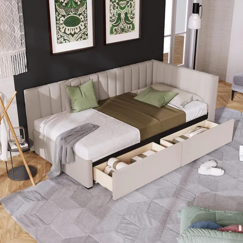 Vista 70 de Sofá cama de tamaño individual con 2 cajones y barandilla rústica, cama de plataforma capitán de madera con soporte de listones resistente, sofá