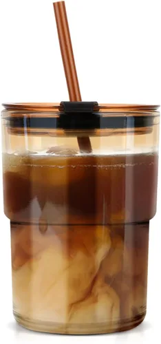 Luxfuel Vaso Tumbler de Agua de Vidrio de 13 onzas con Pajita y Tapa, Tazas Reutilizables para Café Helado, Té Helado, Vaso Tumbler de Vidrio
