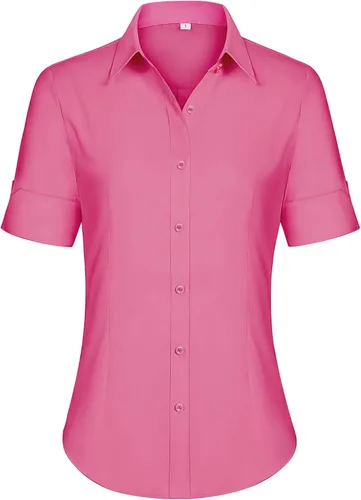 Vista 18 de siliteelon Camisas de vestir de manga corta con botones para mujer, camisas de algodón con botones para mujer, blusa ajustada de manga 3/4 Beige