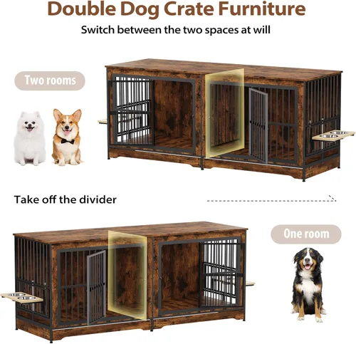 Vista 3 de Rovibek 78 Mueble Jaula Doble para Perros para 2 Perros Grandes de Interior, Muebles de Madera Jaulas para Perros con Cuenco para Perros, Mueble