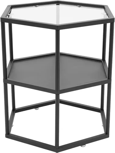 Mesa auxiliar, mesas de centro modernas con almacenamiento de 2 niveles con marco de metal, mesa central de vidrio hexagonal para sala de estar