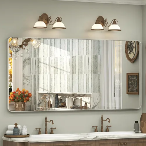 Vista 10 de Espejo rectangular para pared de baño de 20x30 pulgadas con marco negro mate, espejo de tocador con esquinas redondeadas, espejo de baño de metal