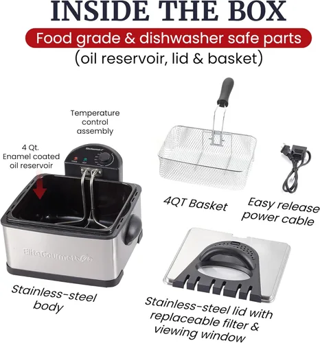 Vista 3 de Elite Gourmet EDF475 Freidora eléctrica de 4.2 cuartos de galón de capacidad de aceite con perilla de temperatura, 1 cesta de 4 cuartos de galón