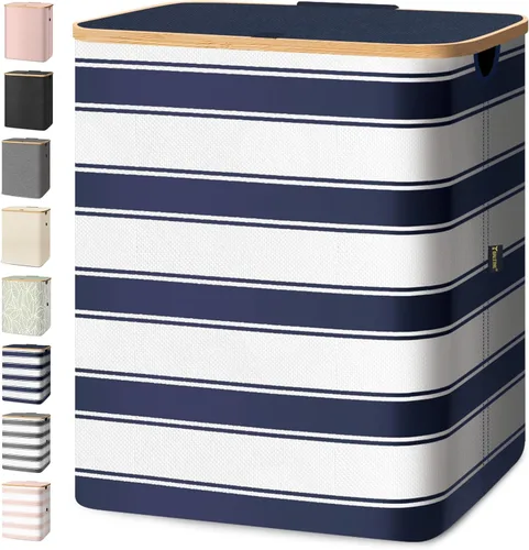 Vista 38 de BALEINE Cesta de lavandería con tapa, cestas altas para la ropa sucia con asas de bambú, contenedor grande para la ropa sucia con soporte interno