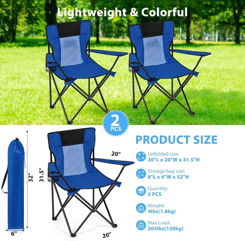 Vista 2 de Shellwei 2 sillas de camping plegables transpirables con portavasos y bolsa de transporte, sillas de césped ligeras y portátiles con bolsillo