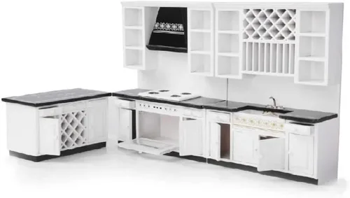 Vista 9 de Juego de cocina de casa de muñecas, muebles de madera en miniatura, gabinete de comedor, kit de cocina a escala 1/12, accesorios de casa de muñecas