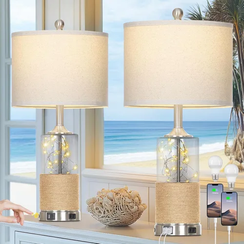 Vista 10 de 26" Coastal Table Lamps Set of 2, Modern Table Lamps with USB A+C Ports & AC Outlet, Touch Control Glass Bedside Nightstand Lamp with Night Light
