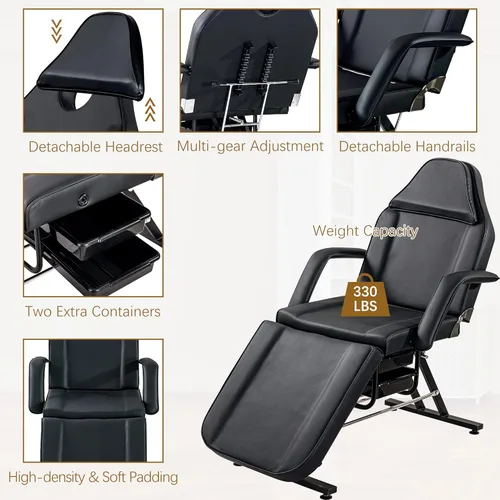 Vista 7 de Favfurish Silla de tatuaje para salón de masajes, mesa de cama facial multiusos de 3 secciones, con taburete hidráulico y dos bandejas, ajustable