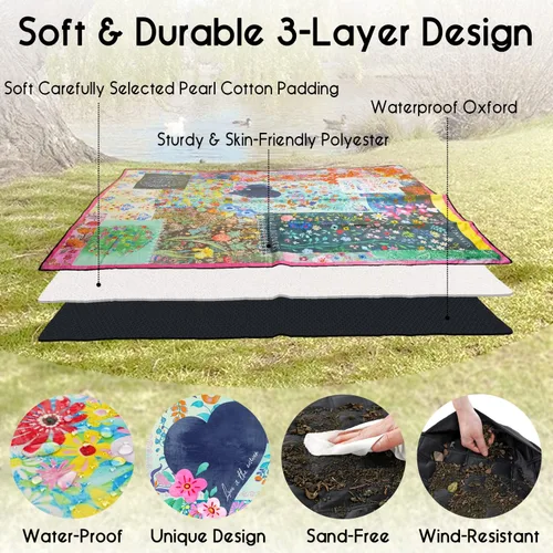 Vista 4 de Mantas de picnic impermeables plegables extra grandes, 80 x 80 pulgadas, manta de playa al aire libre, impermeable, a prueba de arena, 3 capas