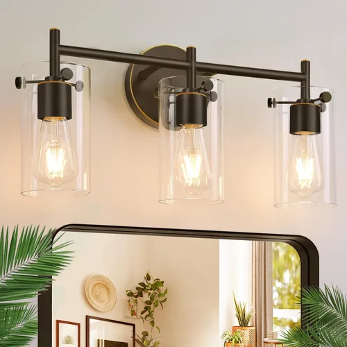 Vista 10 de 2023 Mejora 3 luces para tocador de baño de níquel cepillado, pantalla de vidrio transparente, apliques de pared para espejo, dormitorio, sala