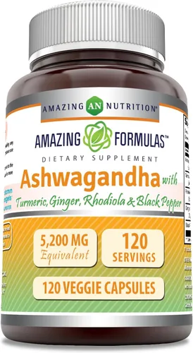 Amazing Formulas Ashwagandha Suplemento 5200 mg por porción 120 cápsulas vegetales Sin OMG Sin gluten Fabricado en Estados Unidos