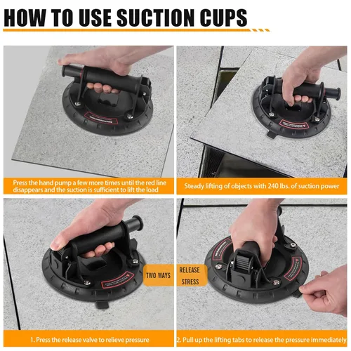 Vista 4 de Mango de ventosa de vidrio de 8 pulgadas, (paquete de 2) ventosa al vacío resistente para levantar vidrio grande, azulejos, mármol, suelo con mango