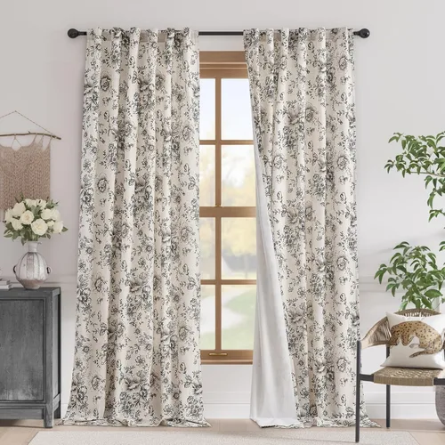 Vista 124 de JINCHAN Cortinas de mezcla de lino con flores para sala de campo francés, cortinas para sala de estar de 84 pulgadas de largo, cortinas impresas