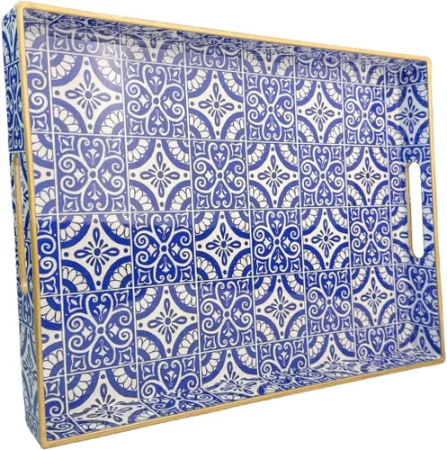 Vista 11 de Bandeja decorativa, bandeja azul para servir con asas, bandejas otomanas, bandeja de mesa auxiliar de plástico para sala de estar, baño, cocina
