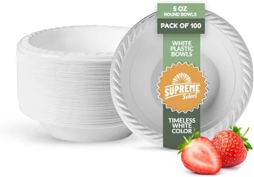 Cuencos de plástico desechables blancos [Paquete de 100 | 5 onzas] – aptos para microondas, cuencos resistentes para sopa/ensalada/postre/helado