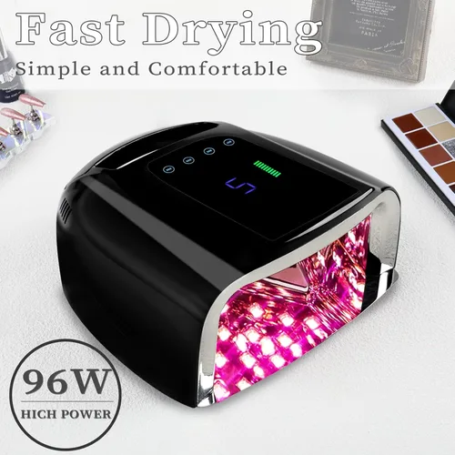 Vista 2 de Lámpara de uñas LED UV recargable de 96 W, luz UV inalámbrica para uñas con pantalla LCD, sensor automático, 4 ajustes de temporizador y secador