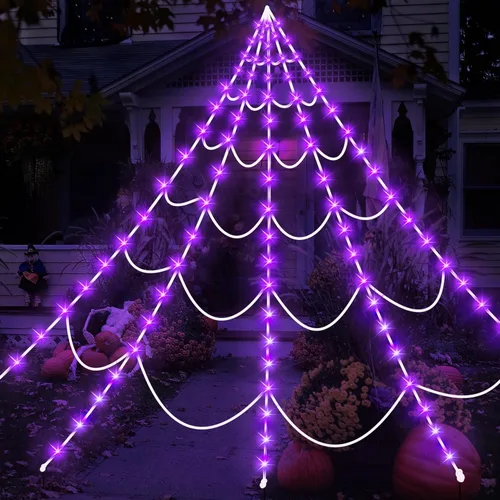 Vista 9 de Luces de telaraña de Halloween, 150 luces LED gigantes, 16.4 pies, decoraciones de Halloween iluminadas con 8 modos de iluminación, impermeable