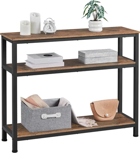 Yaheetech Mesa consola industrial, mesa de entrada de 3 niveles con estantes de almacenamiento, mesas de sofá estrechas para sala de estar, Marrón