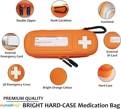 Vista 2 de Funda de transporte individual Epipen – Bolsa de medicación aislada – Soporte de Epipen naranja brillante, altamente visible y notable estuche