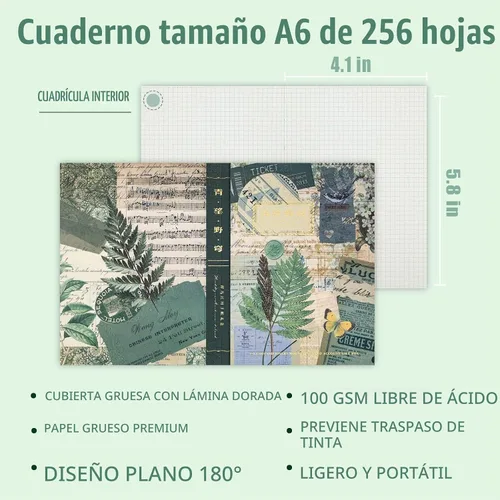 Vista 4 de Kit de Suministros para Scrapbooking, Kit de Scrapbook Estético Botánico Vintage para Bullet Journal Junk Journal A6 Cuaderno de Cuadrícula 01-Bosque