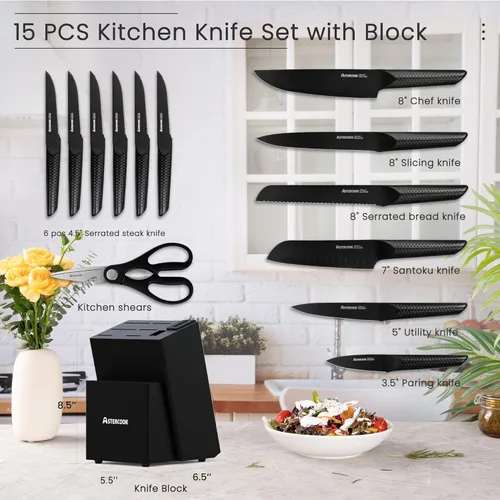 Vista 2 de Astercook Juego de cuchillos de cocina de 15 piezas con bloque y afilador de cuchillos integrado, mango de acero inoxidable alemán de una sola