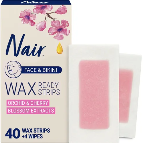 Nair Tiras de cera depilatoria listas para cara y bikini, tiras de cera para depilación de cara y bikini, extractos de orquídea y flor de cerezo,