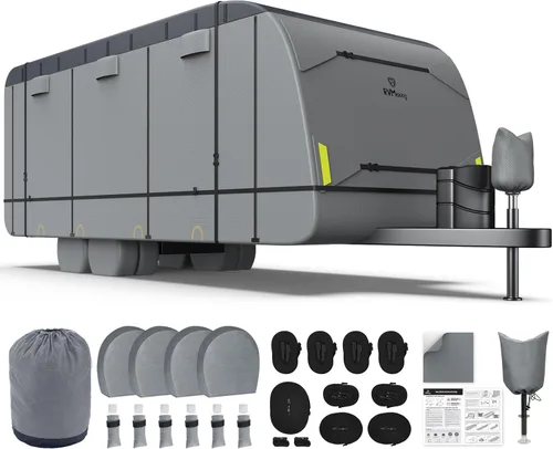 Vista 8 de RVMasking - Funda para RV de 15'1"-18' - Tela Oxford 600D impermeable resistente al desgarro, funda resistente para remolque de viaje con 3 piezas