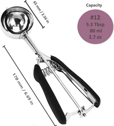 Vista 5 de Cuchara de Helado y Galletas de Acero Inoxidable - Capacidad de 5.3Tbsp/80ml/2.7oz, Liberación con Gatillo