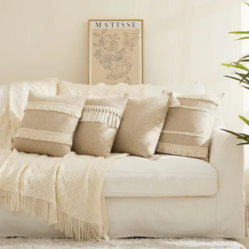 Vista 5 de Topfinel Juego de 4 fundas de almohada decorativas neutras de 18 x 18 pulgadas, almohadas bohemias beige para sofá, cama, sala de estar, funda