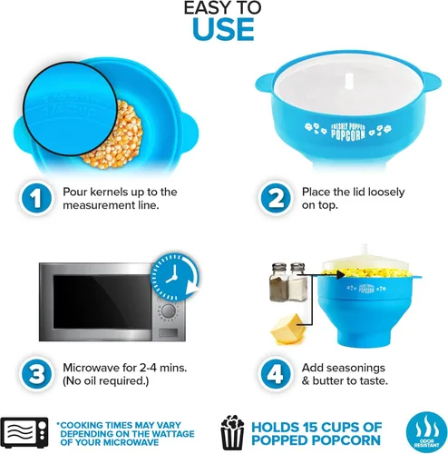 Vista 3 de Palomitas de maíz de silicona para microondas (azul) para hacer palomitas de maíz, no requiere aceite, cuenco plegable con tapa, reutilizable, sin