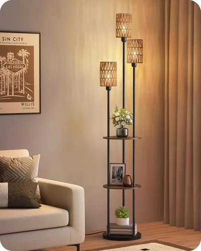 Lámpara de pie con estantes, lámpara de pie bohemia con interruptor de pie, lámpara de pie de 3 luces, para sala de estar, dormitorio, estudio,