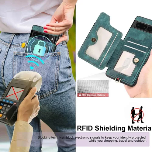 Vista 3 de JanCalm Funda para Google Pixel 7 Pro, soporte de anillo, cartera con bloqueo RFID, correa de muñeca, funda protectora de cuero a prueba de golpes