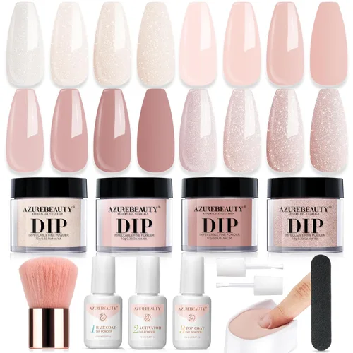 Vista 19 de Azurebeauty - Kit de uñas de inmersión para Navidad, 4 colores, rojo, verde, oro con brillo, sistema de polvo de inmersión, bandeja de reciclaje