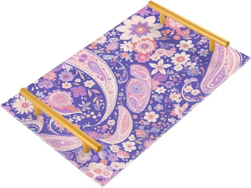 Boho Pink Purple Vintage Flowers Vintage Paisley Cashews Decorative Breakfast Tray with Handles Dinner Trays for Eating for Jewelry Perfume for